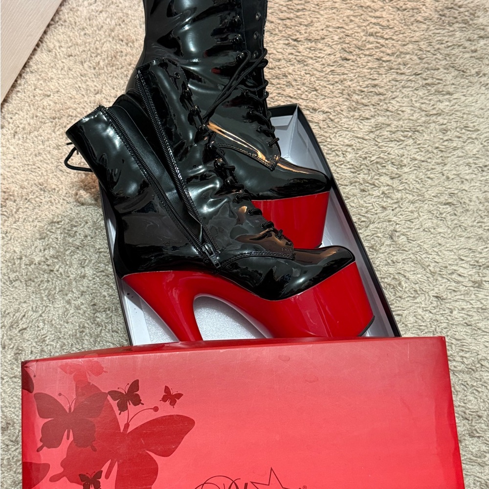 Pleaser Black and Red Patent Platform Boots - Picture 2 of 4